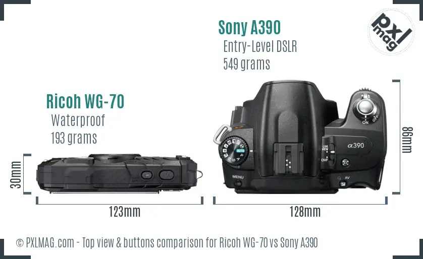 Ricoh WG-70 vs Sony A390 top view buttons comparison
