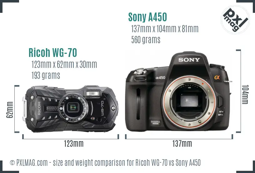 Ricoh WG-70 vs Sony A450 size comparison