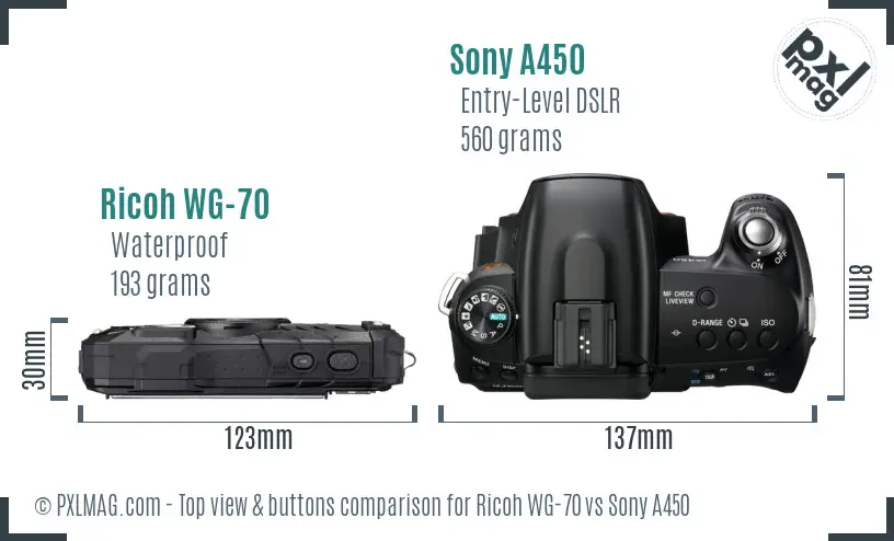 Ricoh WG-70 vs Sony A450 top view buttons comparison