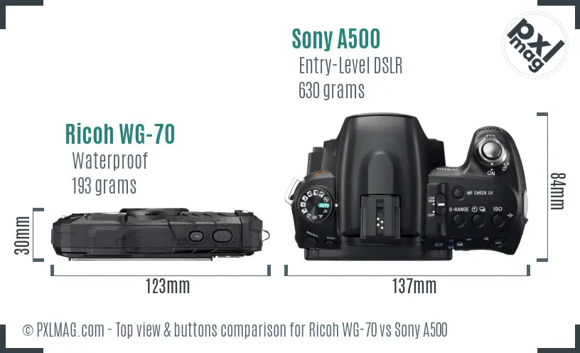 Ricoh WG-70 vs Sony A500 top view buttons comparison