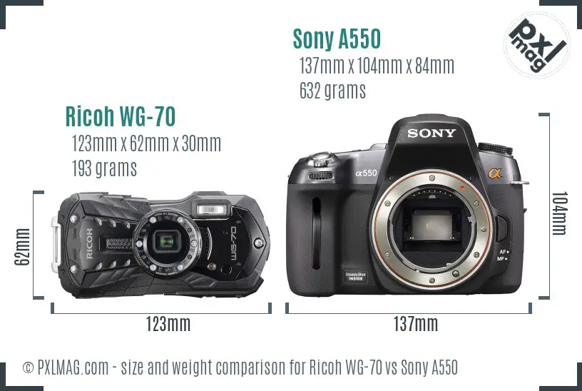 Ricoh WG-70 vs Sony A550 size comparison