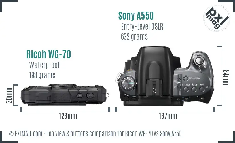 Ricoh WG-70 vs Sony A550 top view buttons comparison