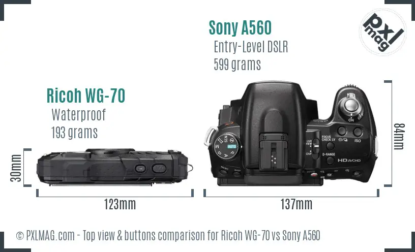 Ricoh WG-70 vs Sony A560 top view buttons comparison