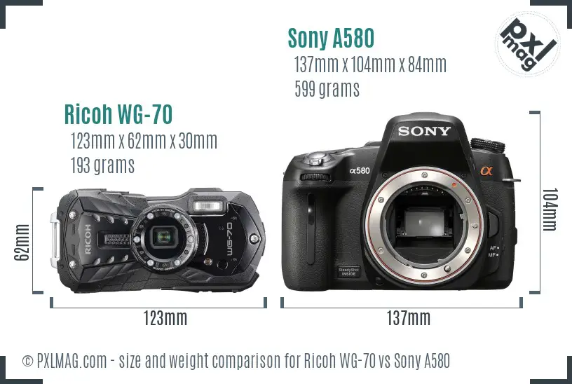 Ricoh WG-70 vs Sony A580 size comparison