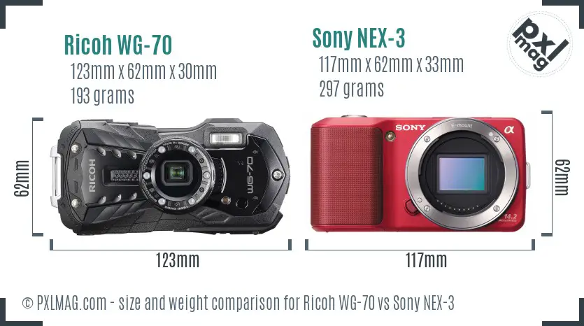 Ricoh WG-70 vs Sony NEX-3 size comparison