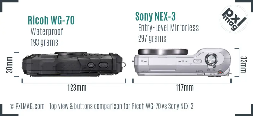 Ricoh WG-70 vs Sony NEX-3 top view buttons comparison