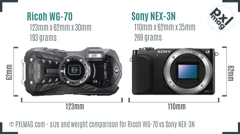 Ricoh WG-70 vs Sony NEX-3N size comparison