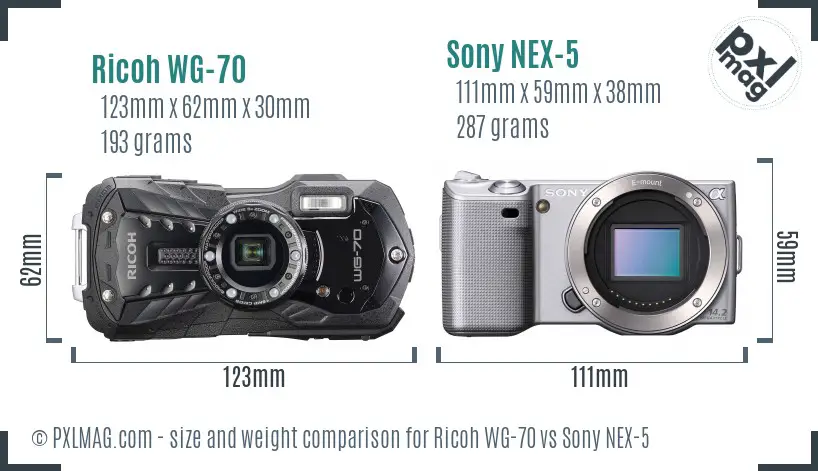 Ricoh WG-70 vs Sony NEX-5 size comparison