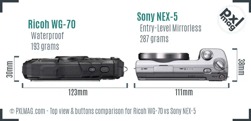 Ricoh WG-70 vs Sony NEX-5 top view buttons comparison