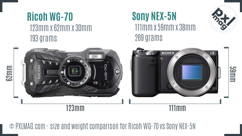 Ricoh WG-70 vs Sony NEX-5N size comparison