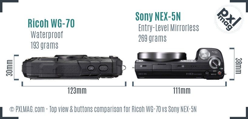 Ricoh WG-70 vs Sony NEX-5N top view buttons comparison