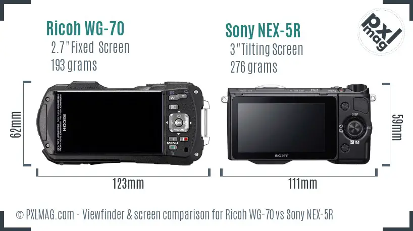 Ricoh WG-70 vs Sony NEX-5R Screen and Viewfinder comparison