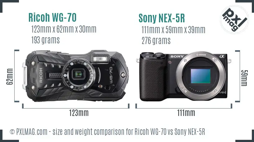 Ricoh WG-70 vs Sony NEX-5R size comparison
