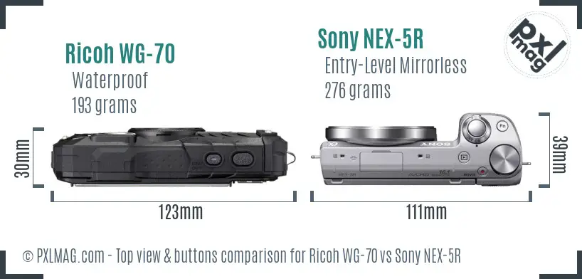 Ricoh WG-70 vs Sony NEX-5R top view buttons comparison