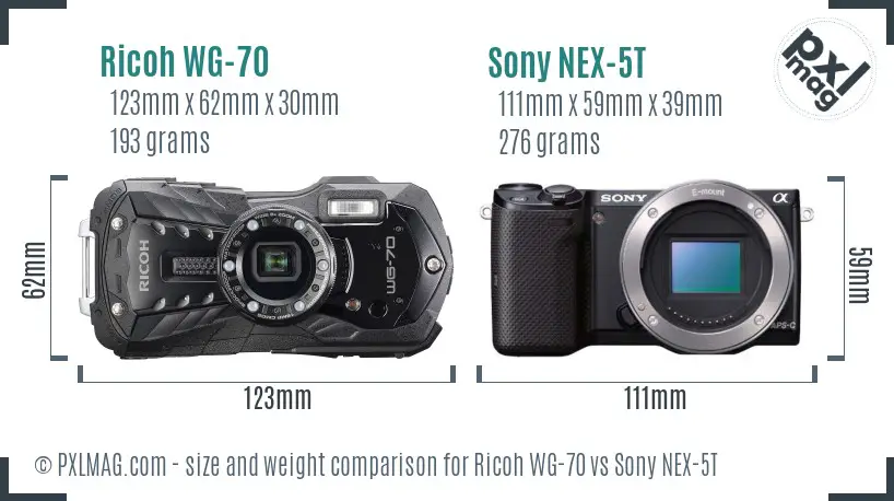 Ricoh WG-70 vs Sony NEX-5T size comparison