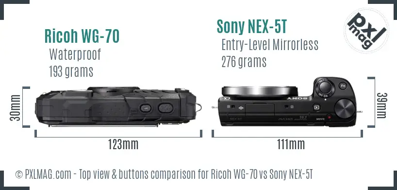 Ricoh WG-70 vs Sony NEX-5T top view buttons comparison