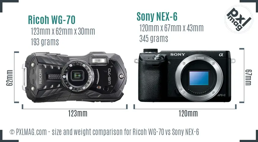 Ricoh WG-70 vs Sony NEX-6 size comparison