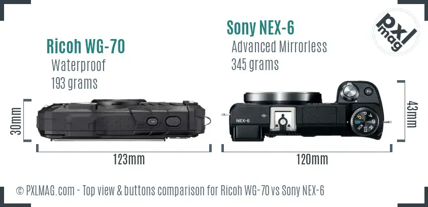 Ricoh WG-70 vs Sony NEX-6 top view buttons comparison
