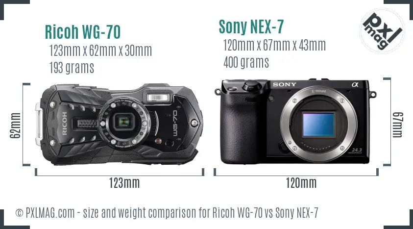 Ricoh WG-70 vs Sony NEX-7 size comparison