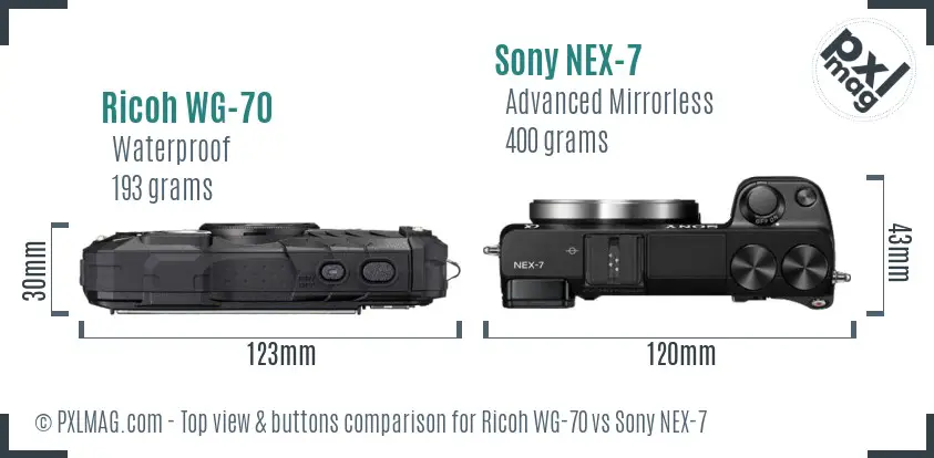 Ricoh WG-70 vs Sony NEX-7 top view buttons comparison