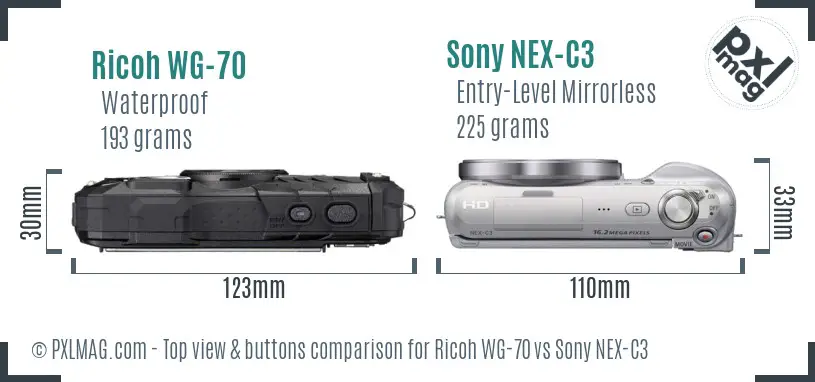 Ricoh WG-70 vs Sony NEX-C3 top view buttons comparison Ricoh WG-70 vs Sony NEX-C3 top view buttons comparison