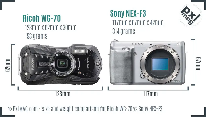 Ricoh WG-70 vs Sony NEX-F3 size comparison