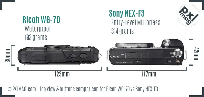 Ricoh WG-70 vs Sony NEX-F3 top view buttons comparison