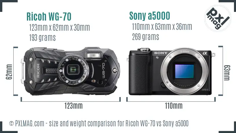Ricoh WG-70 vs Sony a5000 size comparison