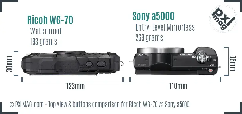Ricoh WG-70 vs Sony a5000 top view buttons comparison