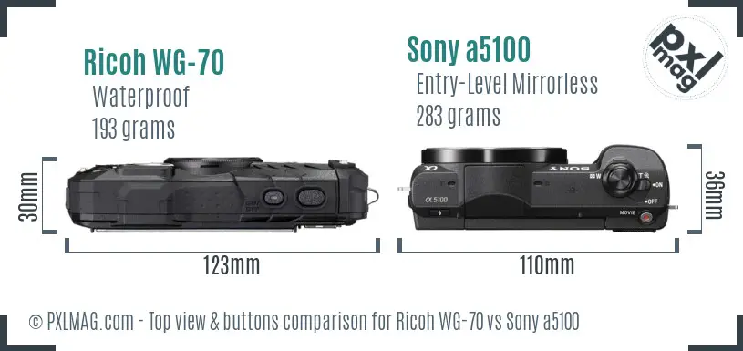 Ricoh WG-70 vs Sony a5100 top view buttons comparison