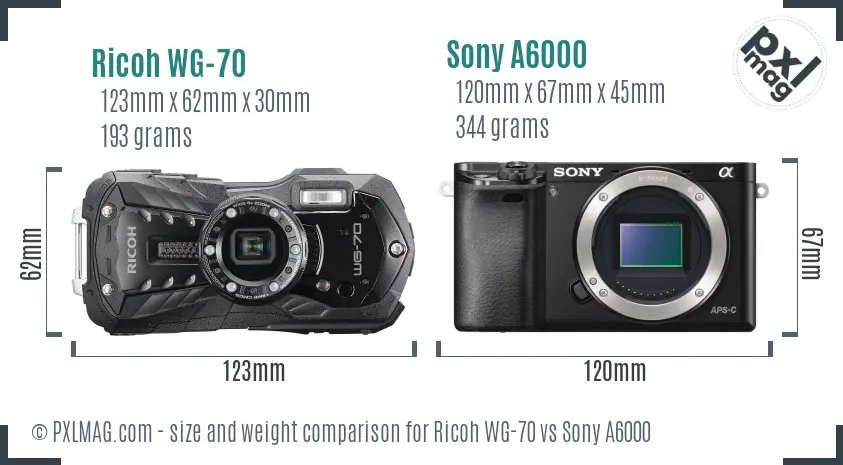 Ricoh WG-70 vs Sony A6000 size comparison