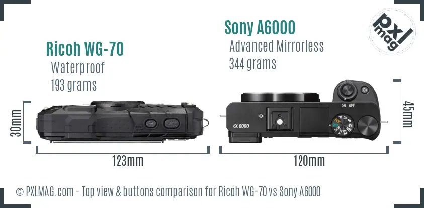 Ricoh WG-70 vs Sony A6000 top view buttons comparison