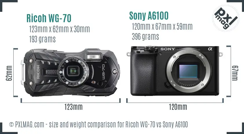 Ricoh WG-70 vs Sony A6100 size comparison