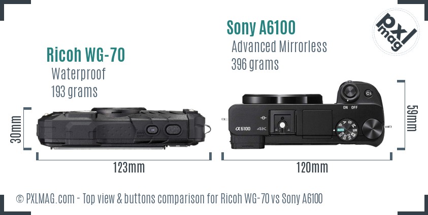 Ricoh WG-70 vs Sony A6100 top view buttons comparison