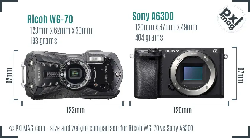 Ricoh WG-70 vs Sony A6300 size comparison