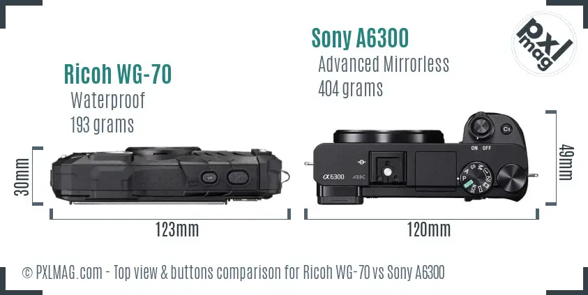 Ricoh WG-70 vs Sony A6300 top view buttons comparison