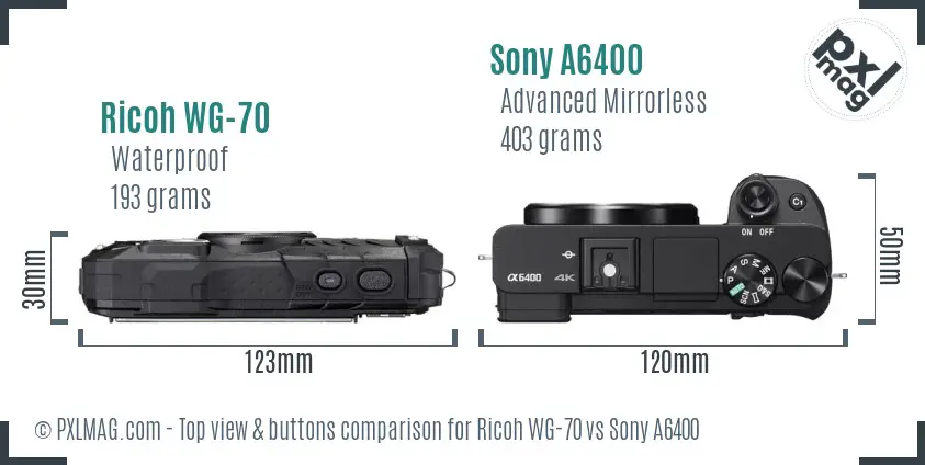 Ricoh WG-70 vs Sony A6400 top view buttons comparison