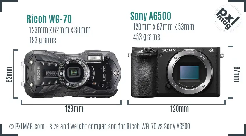 Ricoh WG-70 vs Sony A6500 size comparison