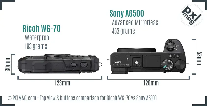 Ricoh WG-70 vs Sony A6500 top view buttons comparison
