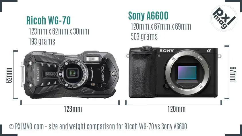 Ricoh WG-70 vs Sony A6600 size comparison