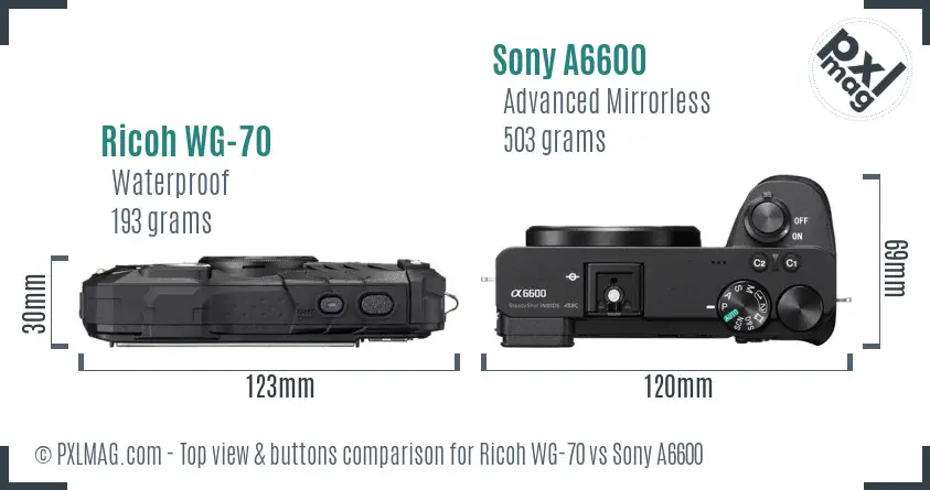 Ricoh WG-70 vs Sony A6600 top view buttons comparison