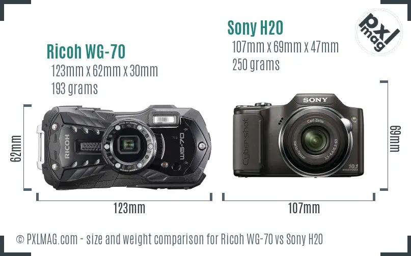 Ricoh WG-70 vs Sony H20 size comparison