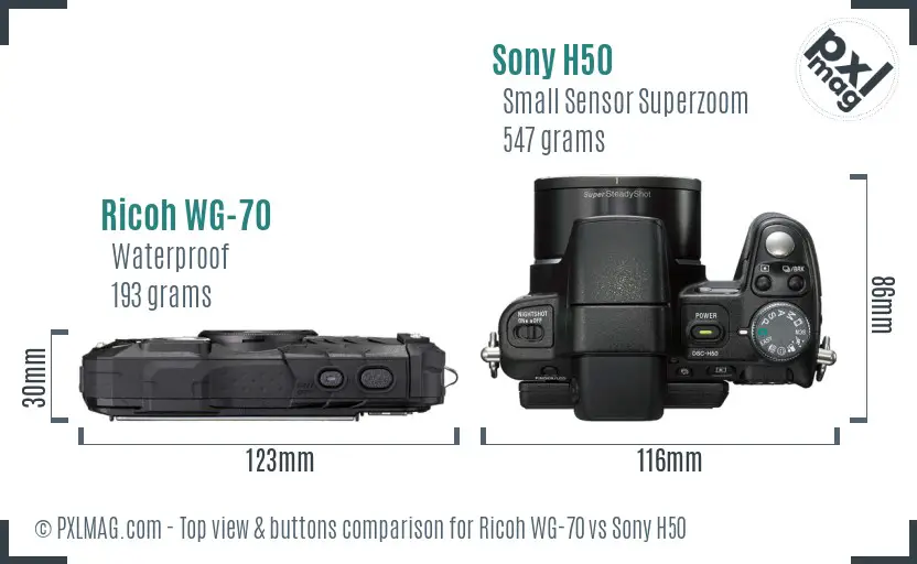 Ricoh WG-70 vs Sony H50 top view buttons comparison Ricoh WG-70 vs Sony H50 top view buttons comparison