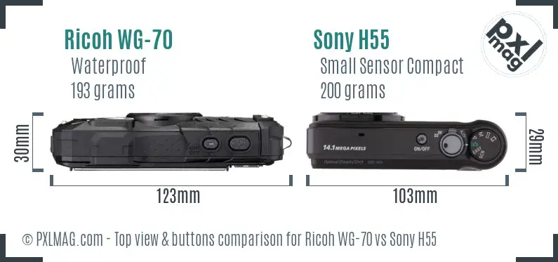 Ricoh WG-70 vs Sony H55 top view buttons comparison Ricoh WG-70 vs Sony H55 top view buttons comparison