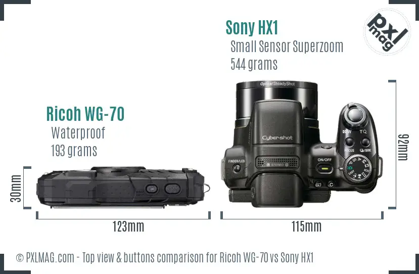 Ricoh WG-70 vs Sony HX1 top view buttons comparison