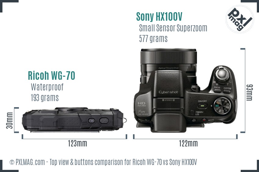 Ricoh WG-70 vs Sony HX100V top view buttons comparison