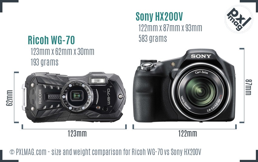 Ricoh WG-70 vs Sony HX200V size comparison