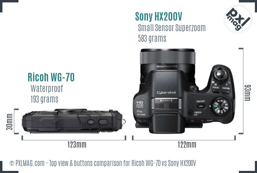Ricoh WG-70 vs Sony HX200V top view buttons comparison