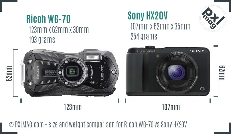 Ricoh WG-70 vs Sony HX20V size comparison Ricoh WG-70 vs Sony HX20V size comparison