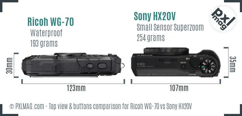 Ricoh WG-70 vs Sony HX20V top view buttons comparison Ricoh WG-70 vs Sony HX20V top view buttons comparison